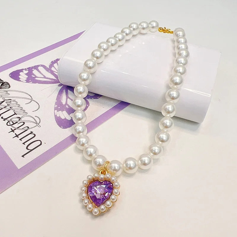 Diamond Heart Pearl Pet Collar