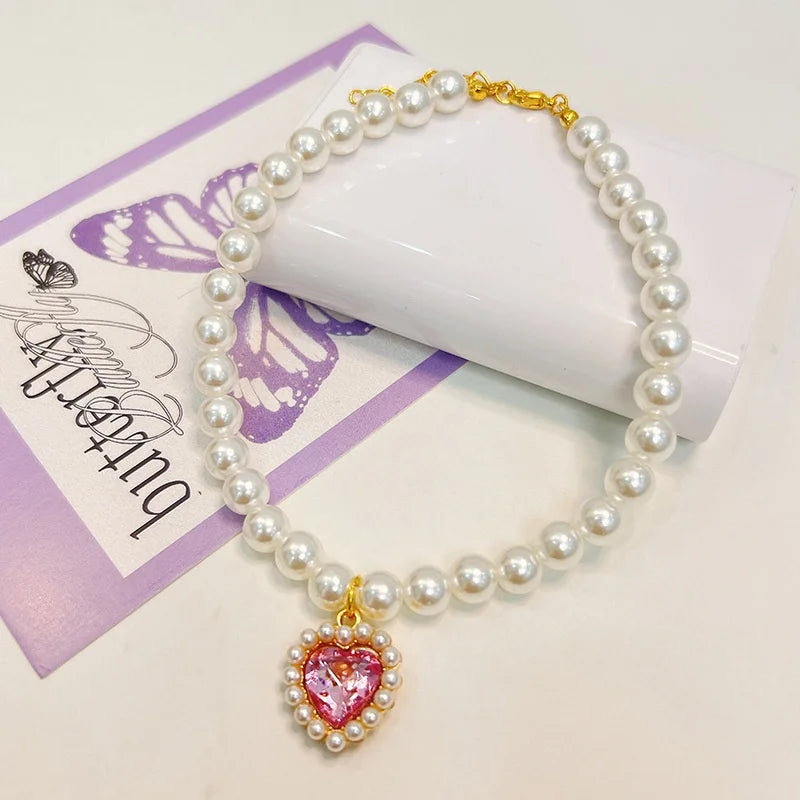 Diamond Heart Pearl Pet Collar