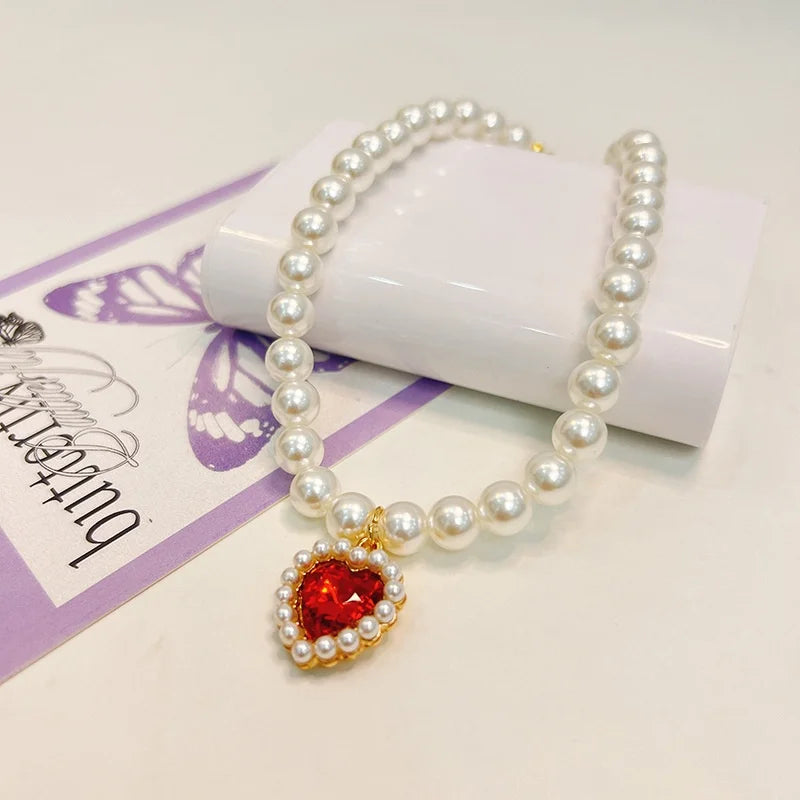Diamond Heart Pearl Pet Collar