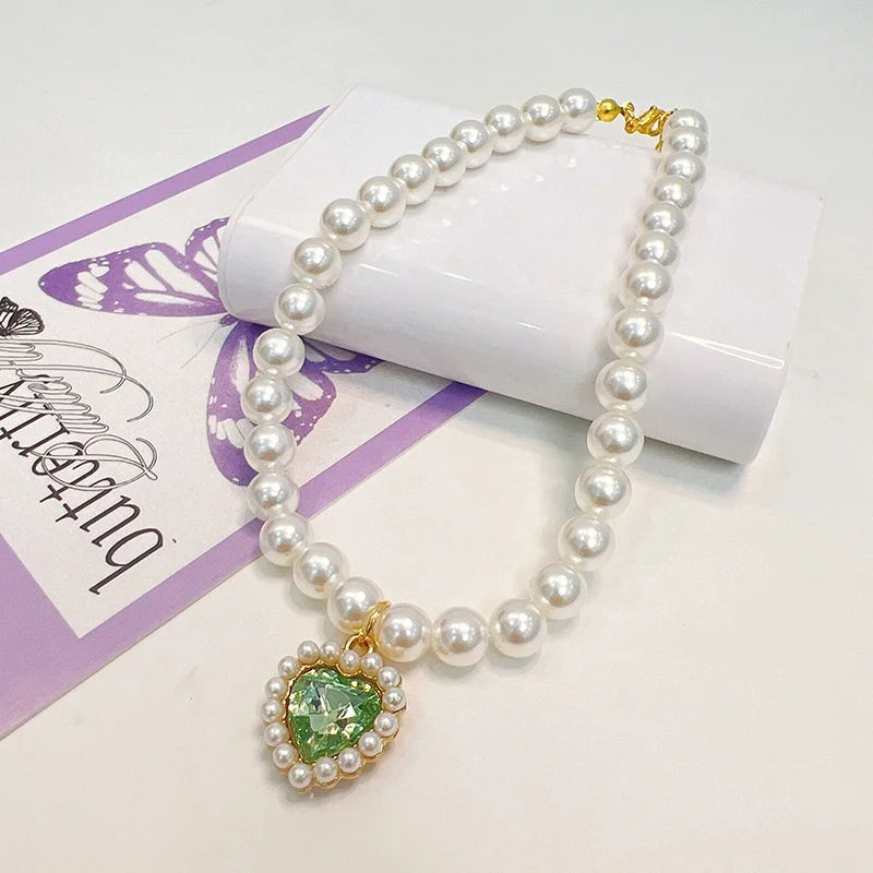 Diamond Heart Pearl Pet Collar
