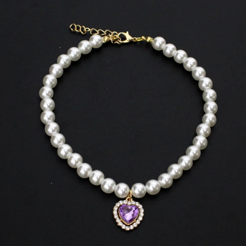 Diamond Heart Pearl Pet Collar