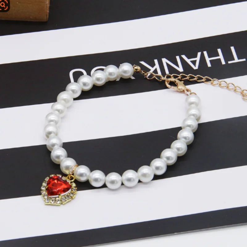 Diamond Heart Pearl Pet Collar