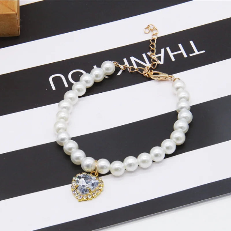 Diamond Heart Pearl Pet Collar